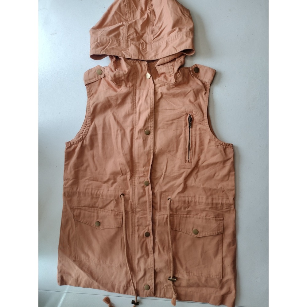 Zenana Outfitters Womens Utility Vest Terracotta Tan Hooded Cotton Small